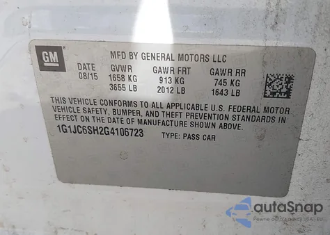 2016 Chevrolet Sonic Lt Auto из США, поврежденный, VIN 1G1JC6SH2G4106723